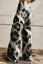 Close-up of black-white cheetah print bohemian pants, back view
