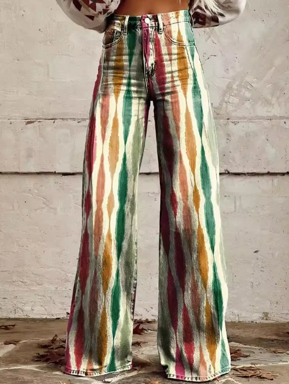 Woman wearing multicolor striped bohemian wide-leg trousers with an ikat print