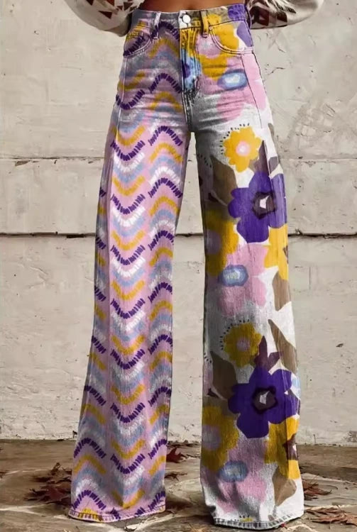 Close-up of purple bohemian floral and chevron print wide-leg trousers, different angle