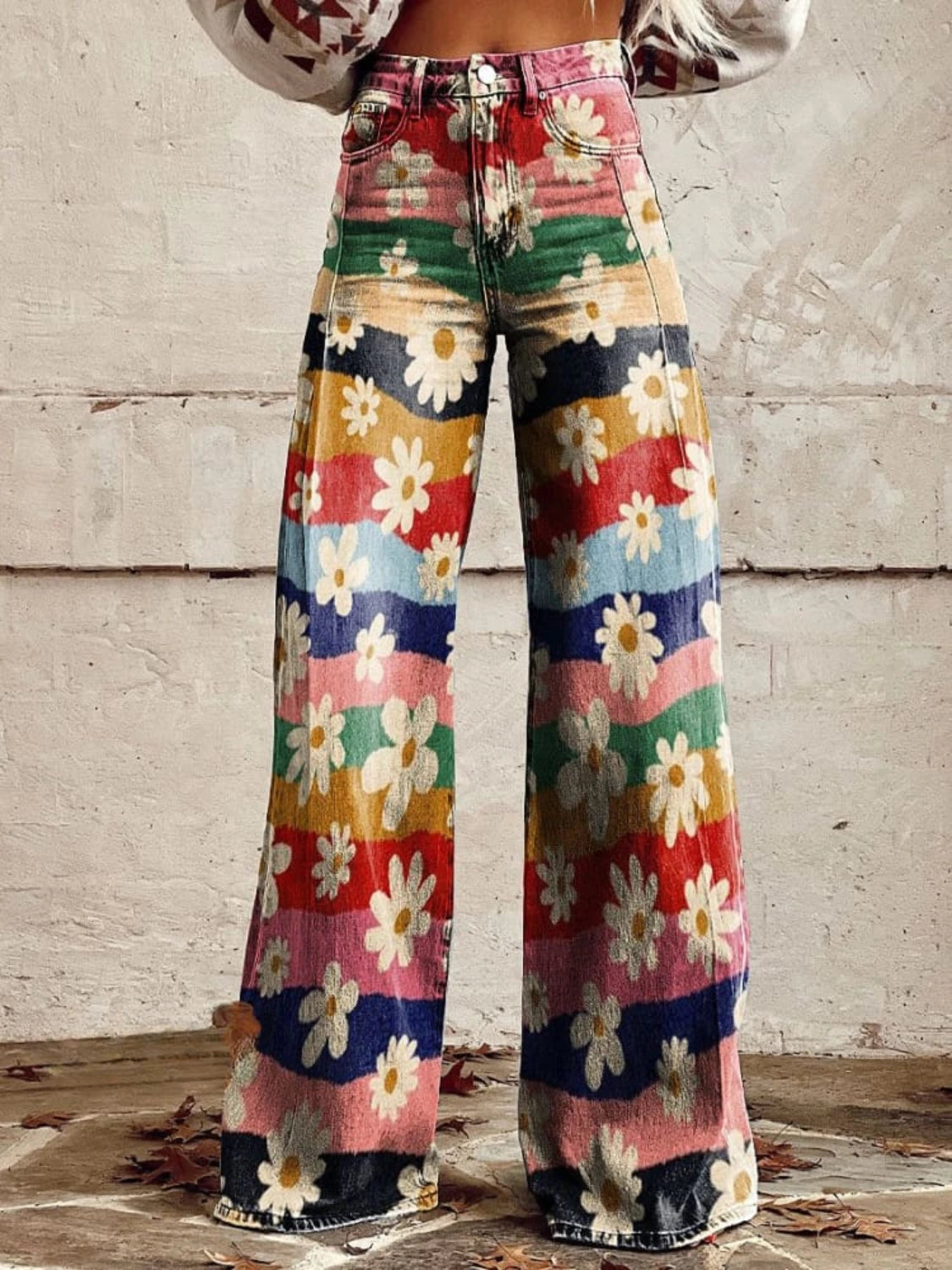 Woman wearing multicolor floral chic wide-leg trousers, front view