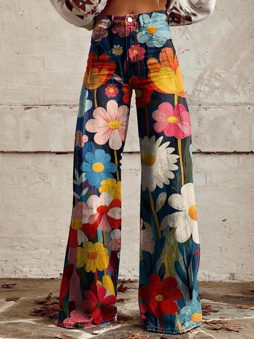 Close-up of multicolored floral print wide-leg trousers, front view