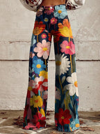 Close-up of multicolored floral print wide-leg trousers, front view