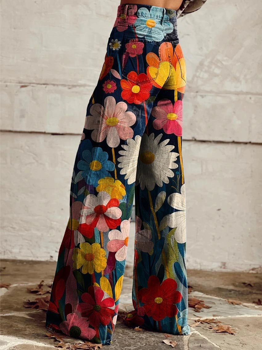 Close-up of multicolored floral print wide-leg trousers, side view