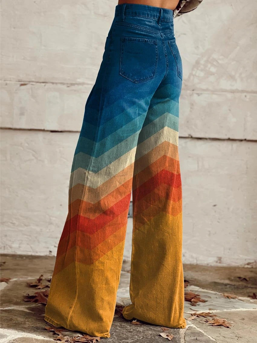 Woman wearing multicolored vintage zigzag high-waisted wide-leg trousers, back view