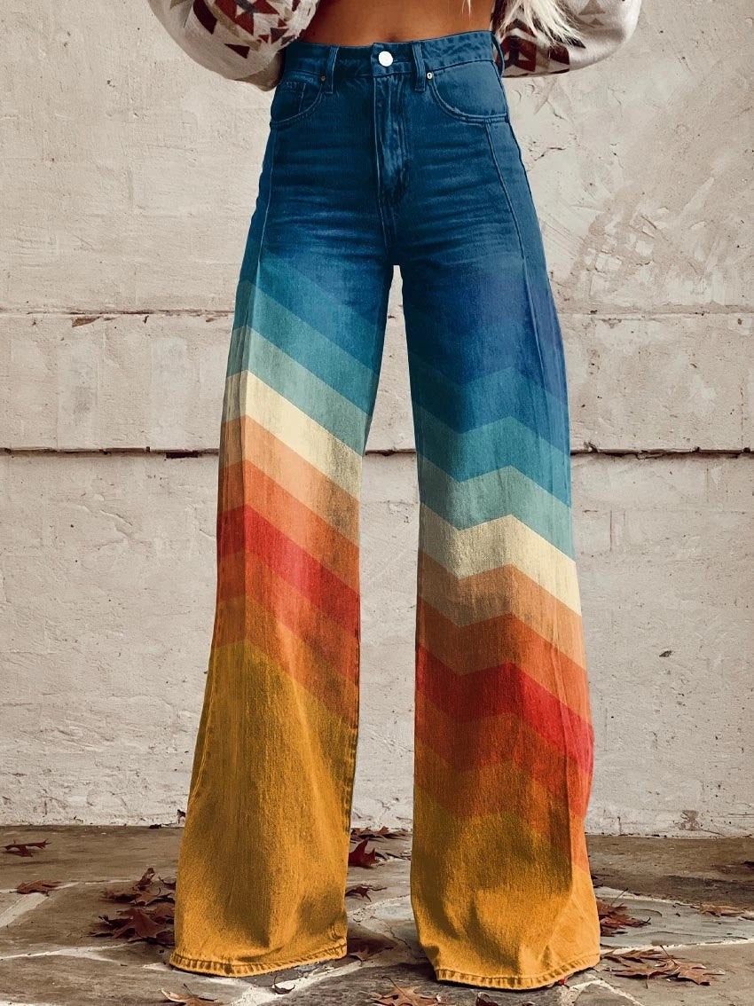 Woman wearing multicolored vintage zigzag high-waisted wide-leg trousers, close-up front view