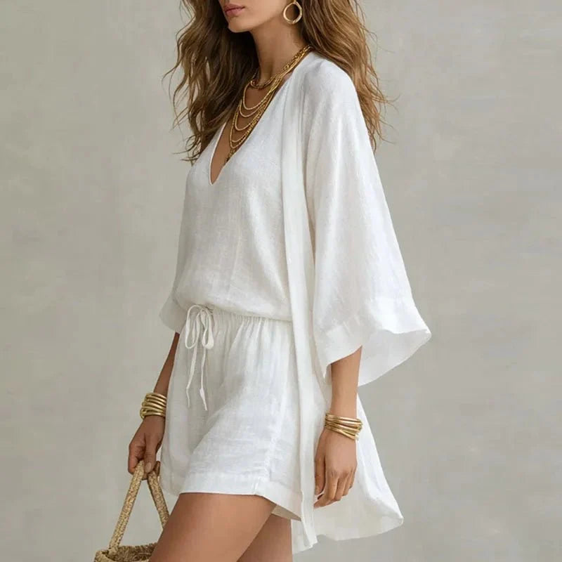 Driftly | Women's Three-Piece Set Top, Shorts & Overshirt – Cotton Linen Co-ord