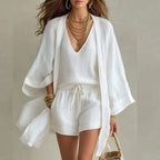 Driftly | Women's Three-Piece Set Top, Shorts & Overshirt – Cotton Linen Co-ord