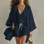 Driftly | Women's Three-Piece Set Top, Shorts & Overshirt – Cotton Linen Co-ord