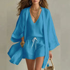 Driftly | Women's Three-Piece Set Top, Shorts & Overshirt – Cotton Linen Co-ord